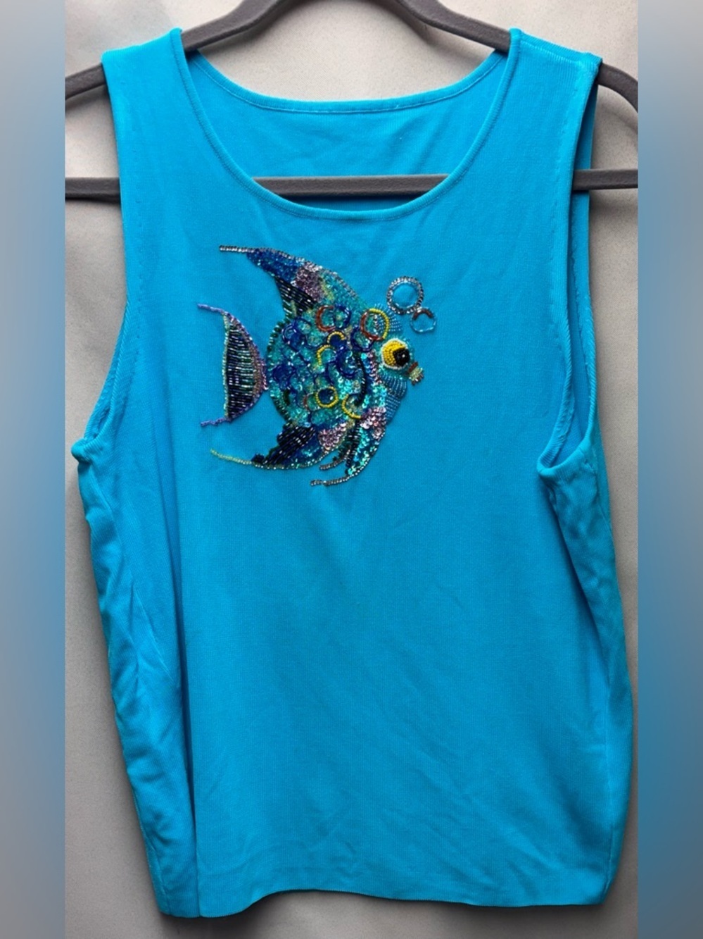 Vintage 90’s rib knit sequin and beaded Fish Tank Top in Sea Blue Size L No Tags